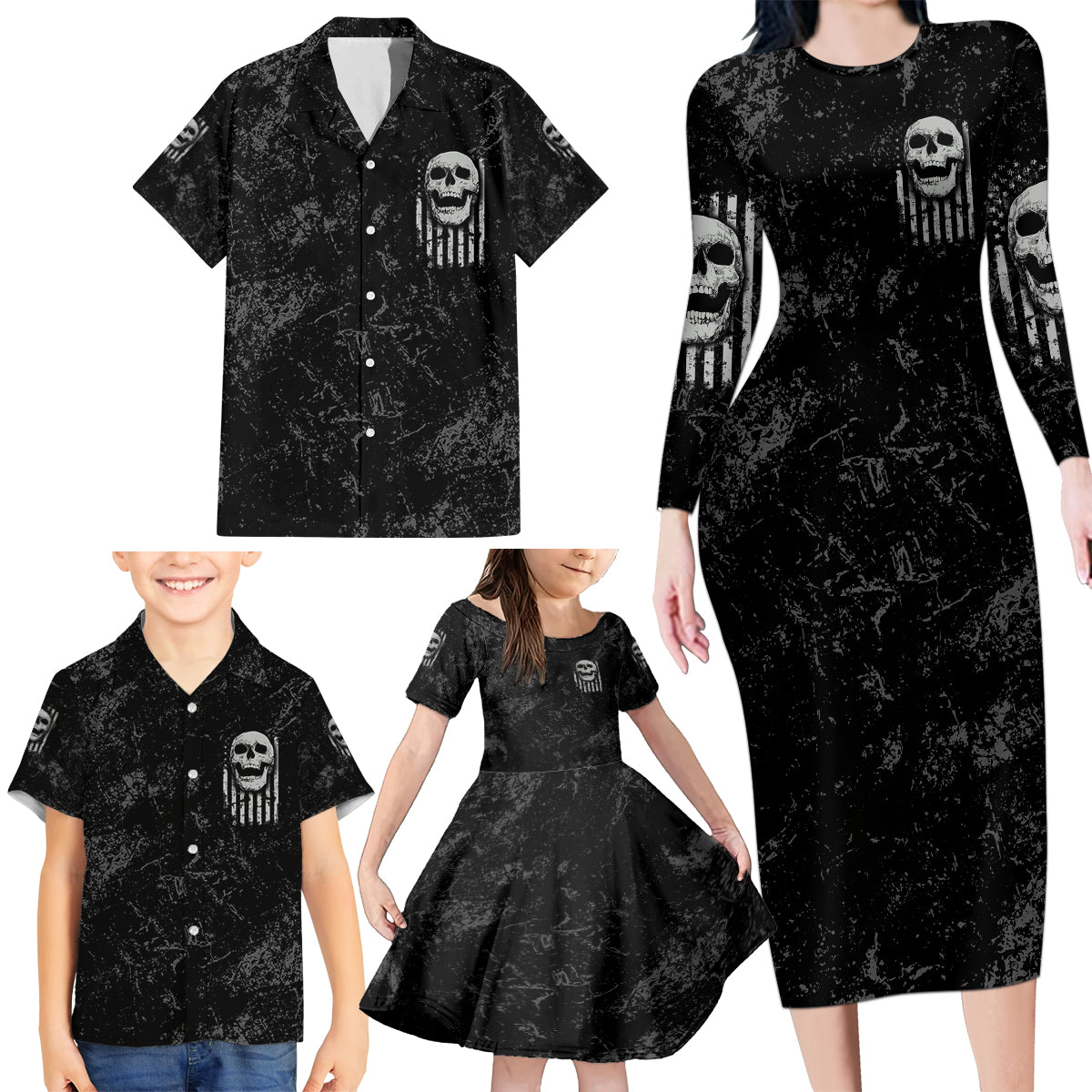 IDGAF Flag Skull Family Matching Long Sleeve Bodycon Dress and Hawaiian Shirt - Wonder Print Shop