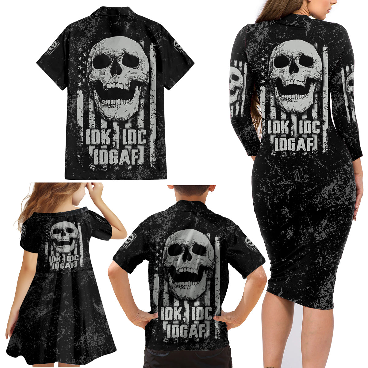 IDGAF Flag Skull Family Matching Long Sleeve Bodycon Dress and Hawaiian Shirt - Wonder Print Shop