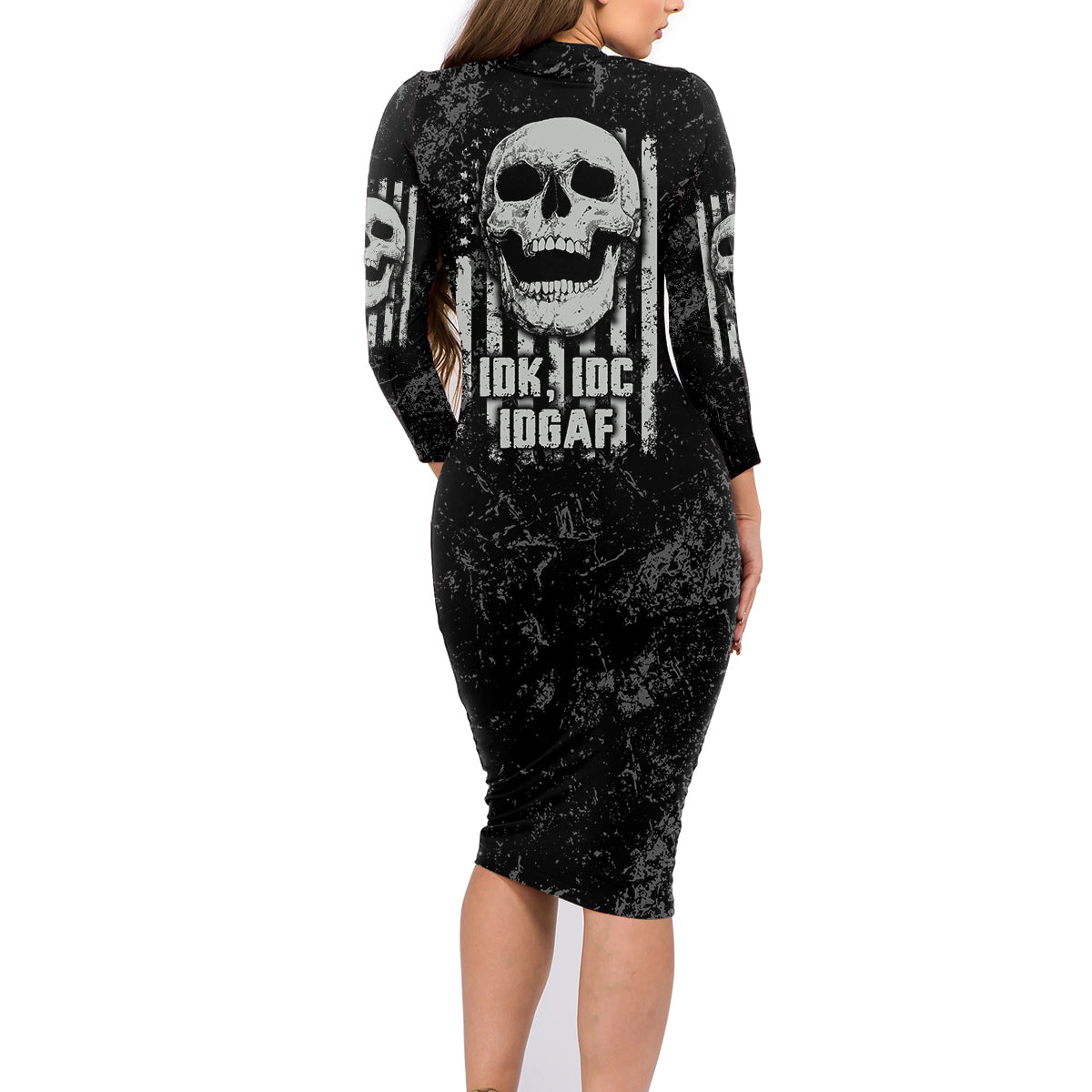IDGAF Flag Skull Family Matching Long Sleeve Bodycon Dress and Hawaiian Shirt - Wonder Print Shop
