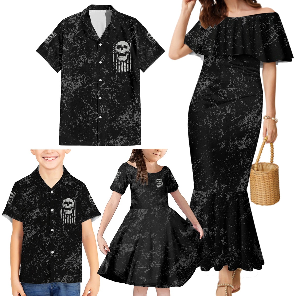 IDGAF Flag Skull Family Matching Mermaid Dress and Hawaiian Shirt - Wonder Print Shop