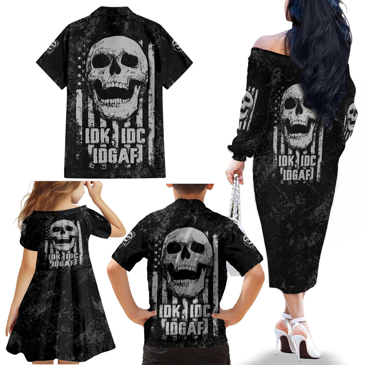 IDGAF Flag Skull Family Matching Off Shoulder Long Sleeve Dress and Hawaiian Shirt - Wonder Print Shop