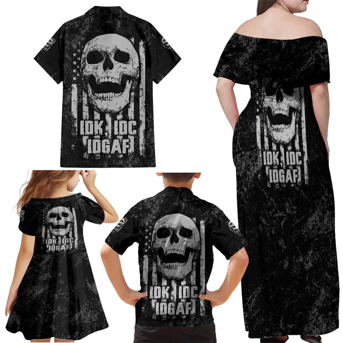 IDGAF Flag Skull Family Matching Off Shoulder Maxi Dress and Hawaiian Shirt - Wonder Print Shop