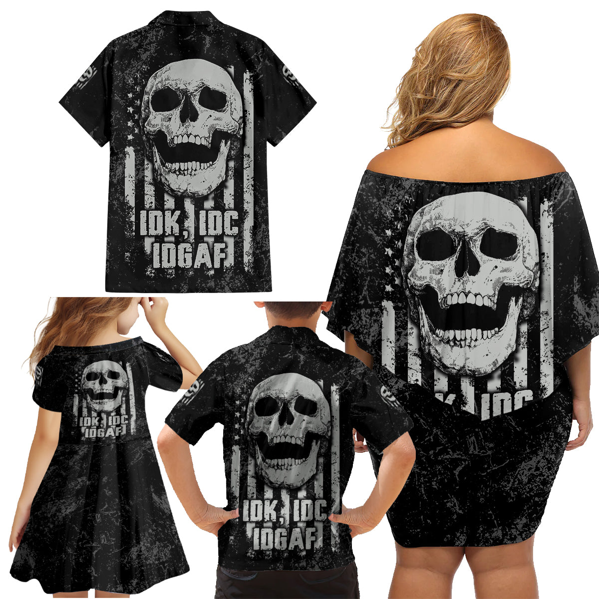 IDGAF Flag Skull Family Matching Off Shoulder Short Dress and Hawaiian Shirt - Wonder Print Shop