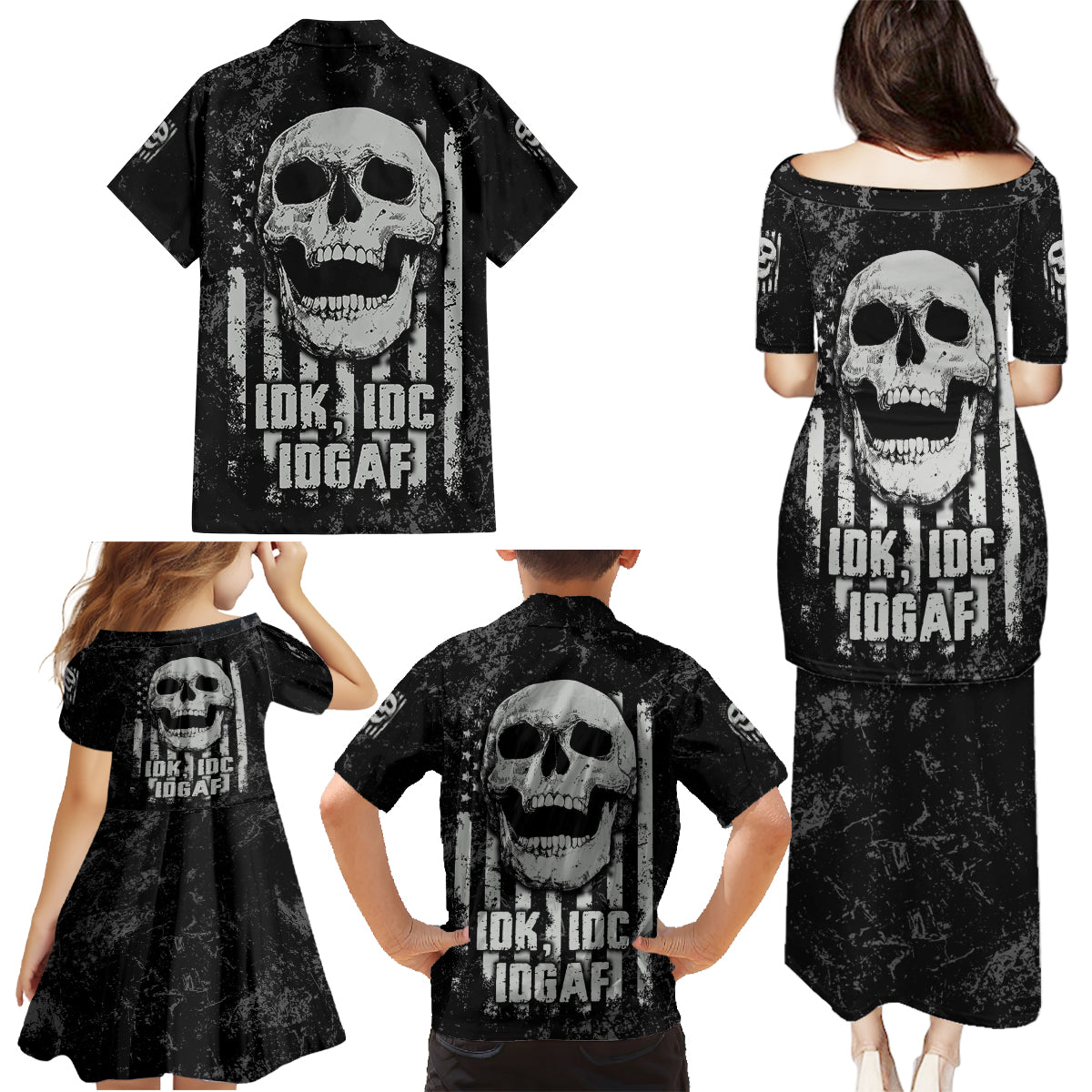 IDGAF Flag Skull Family Matching Puletasi Dress and Hawaiian Shirt - Wonder Print Shop
