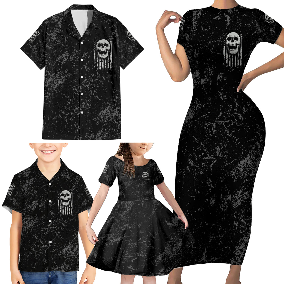 IDGAF Flag Skull Family Matching Short Sleeve Bodycon Dress and Hawaiian Shirt - Wonder Print Shop