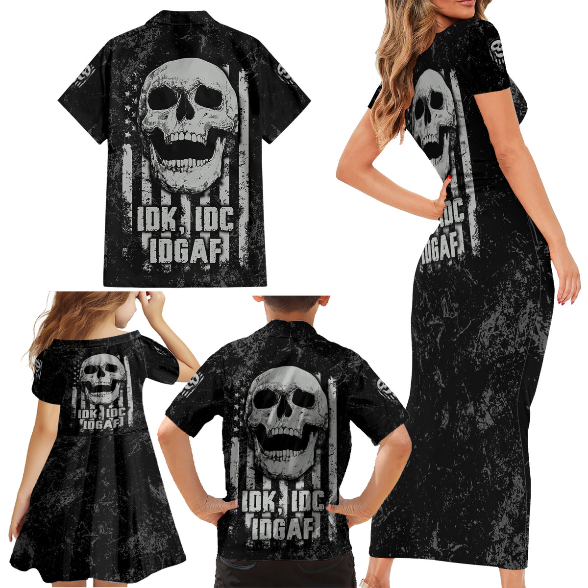 IDGAF Flag Skull Family Matching Short Sleeve Bodycon Dress and Hawaiian Shirt - Wonder Print Shop