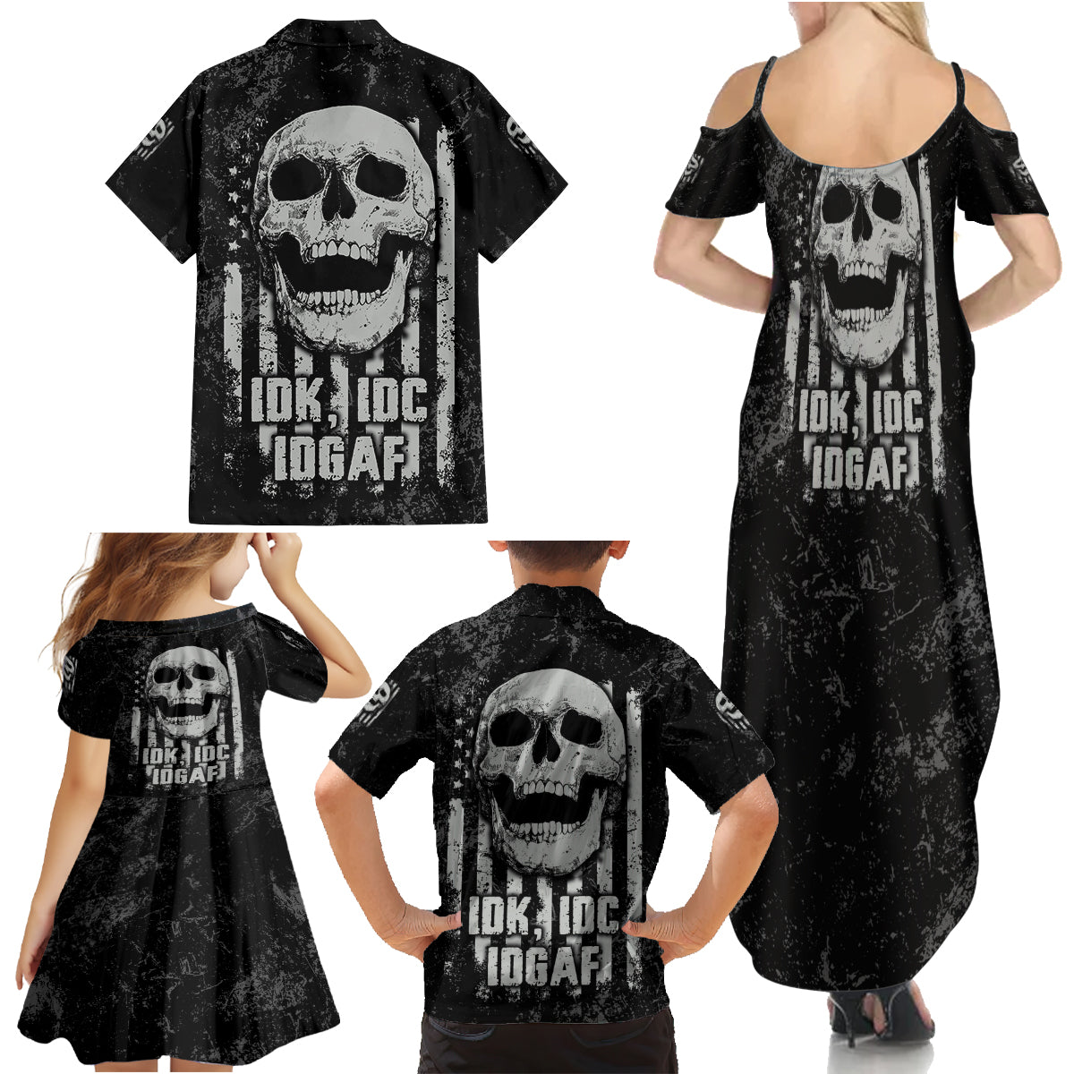 IDGAF Flag Skull Family Matching Summer Maxi Dress and Hawaiian Shirt - Wonder Print Shop