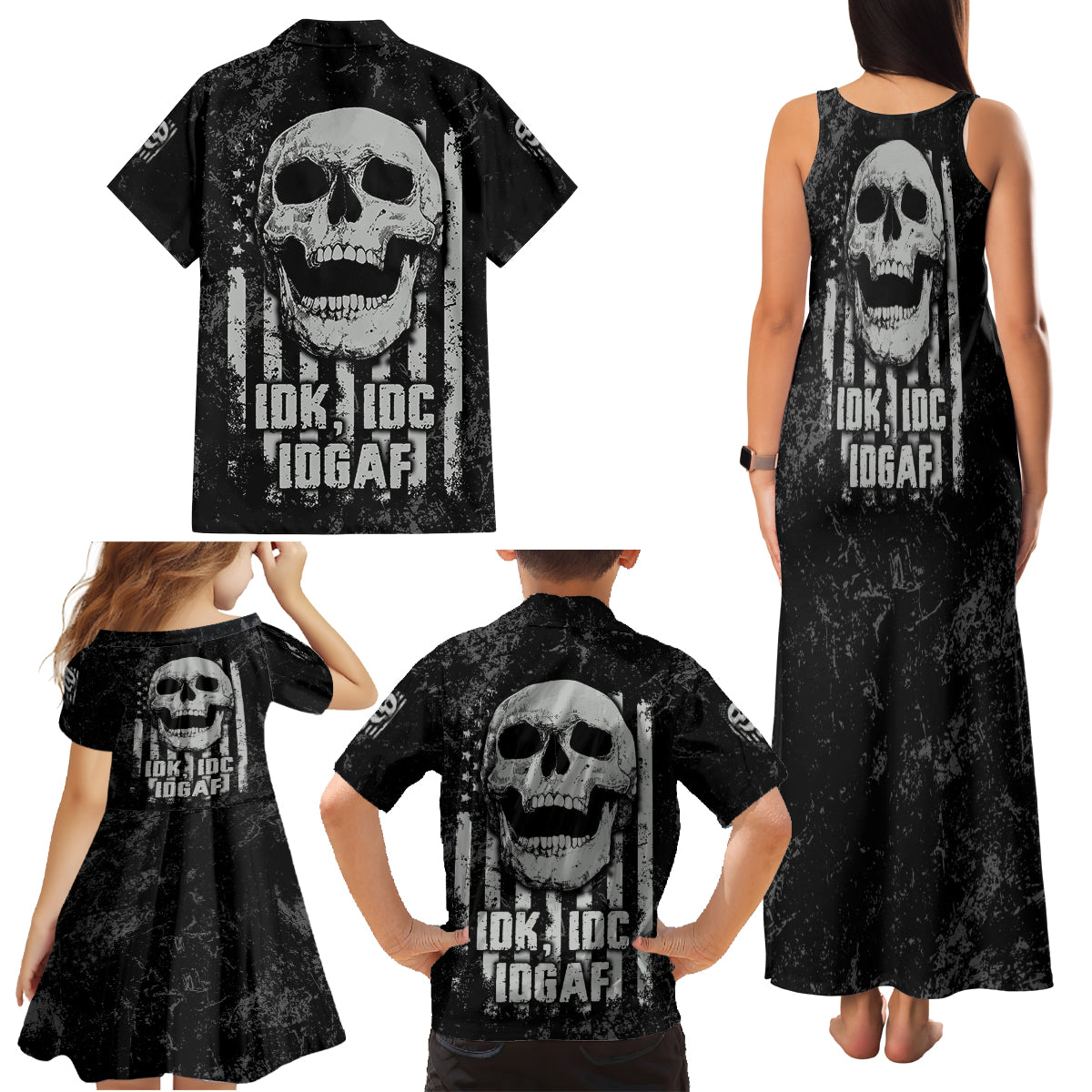 IDGAF Flag Skull Family Matching Tank Maxi Dress and Hawaiian Shirt - Wonder Print Shop