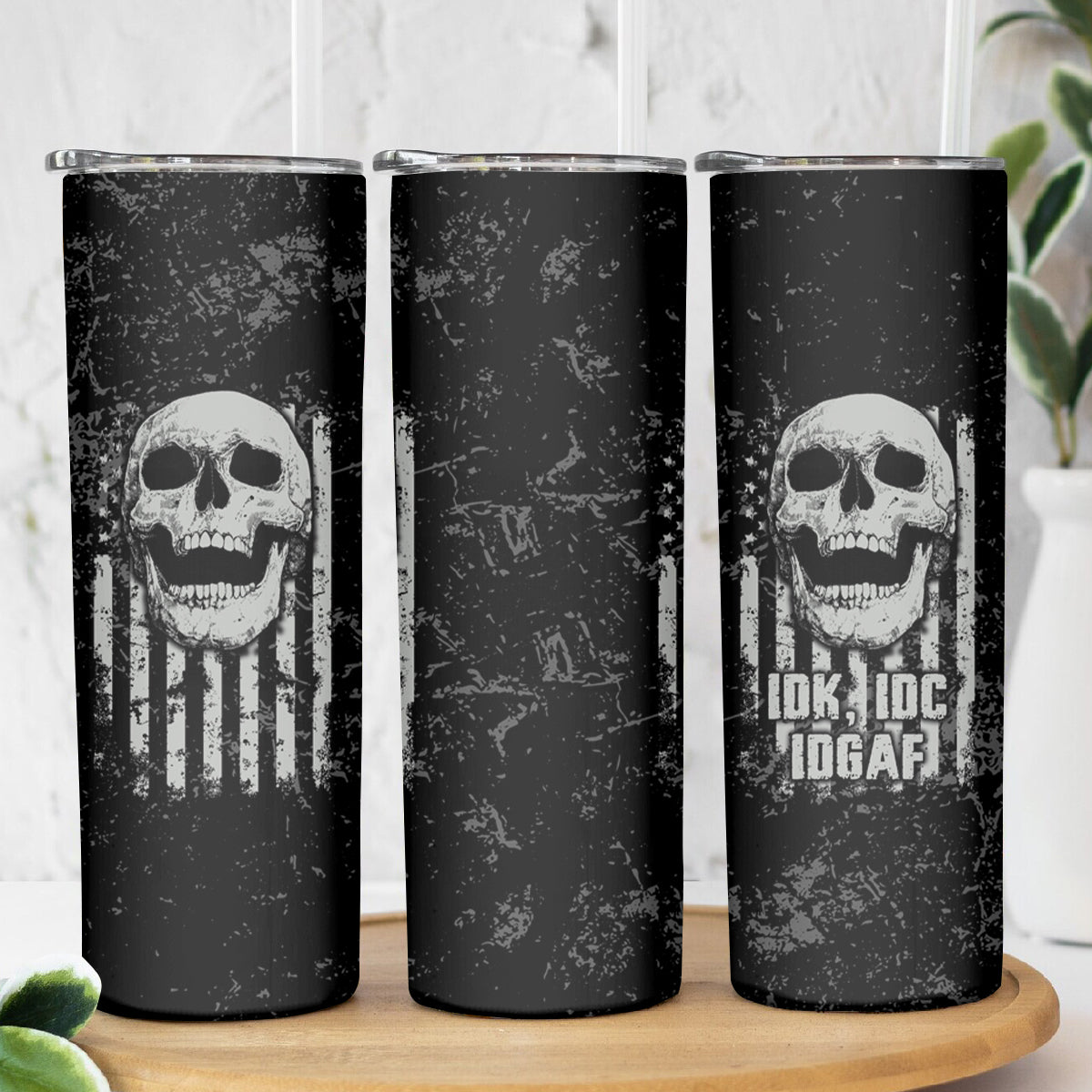 IDGAF Flag Skull Skinny Tumbler - Wonder Print Shop