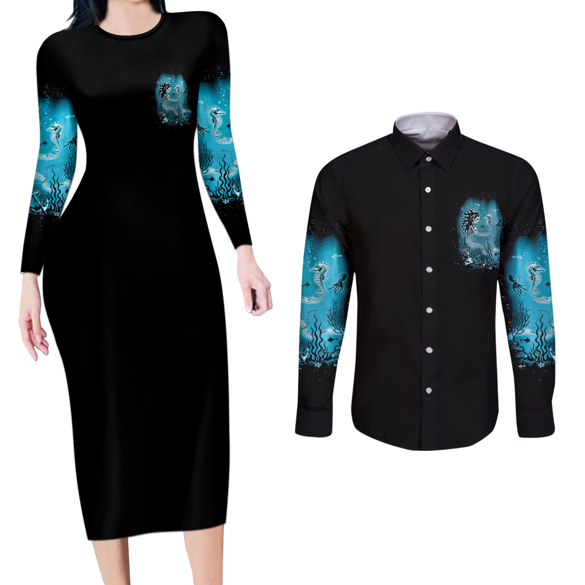 Salty Witch Mermaid Halloween Couples Matching Long Sleeve Bodycon Dress and Long Sleeve Button Shirt - Wonder Print Shop