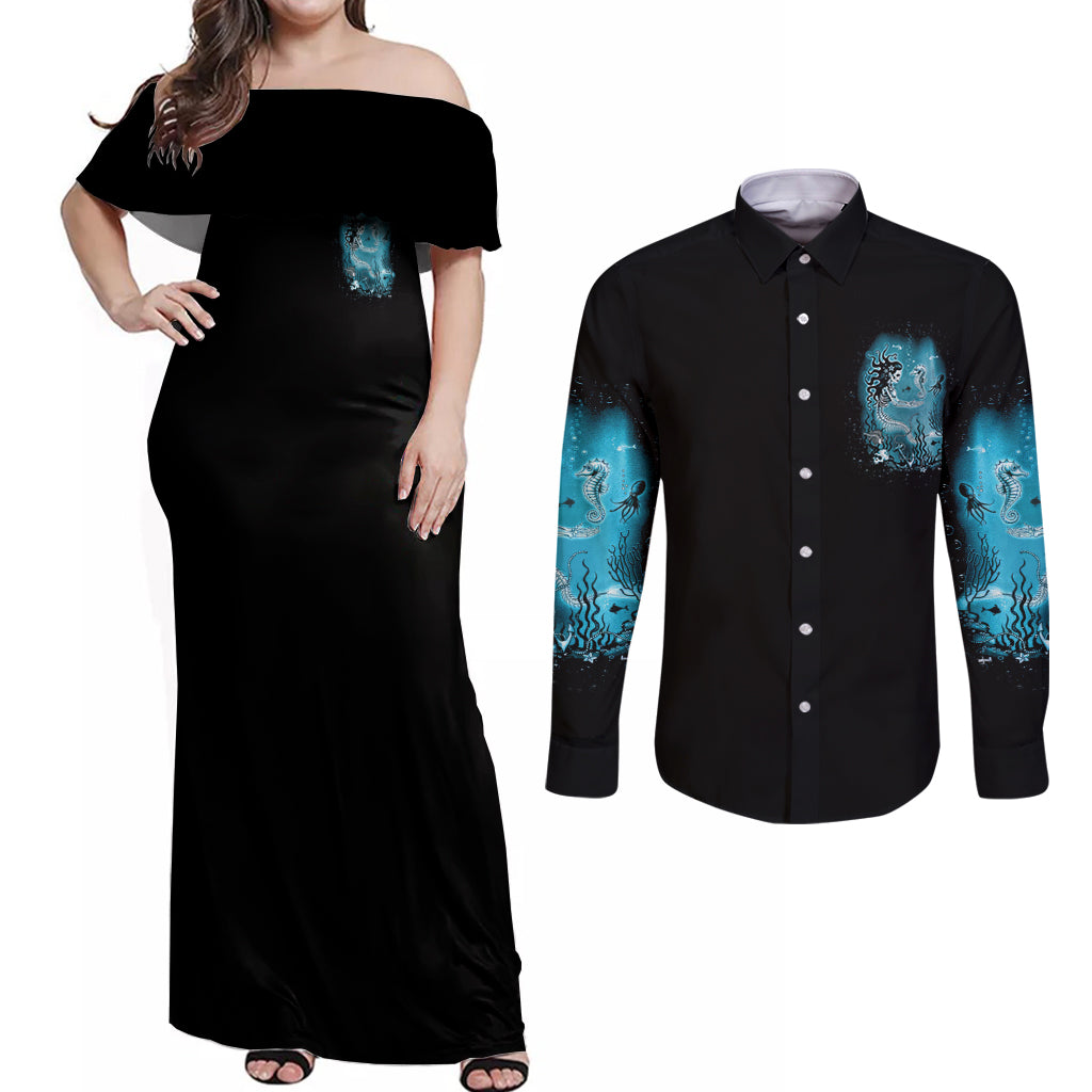 Salty Witch Mermaid Halloween Couples Matching Off Shoulder Maxi Dress and Long Sleeve Button Shirt - Wonder Print Shop