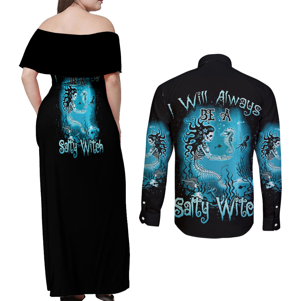 Salty Witch Mermaid Halloween Couples Matching Off Shoulder Maxi Dress and Long Sleeve Button Shirt - Wonder Print Shop