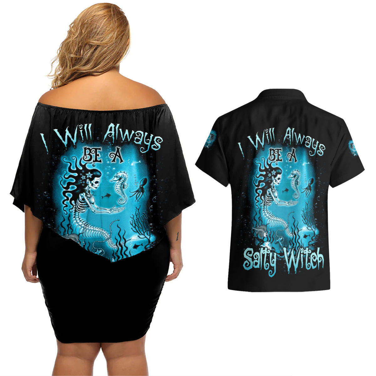 Salty Witch Mermaid Halloween Couples Matching Off Shoulder Short Dress and Hawaiian Shirt - Wonder Print Shop