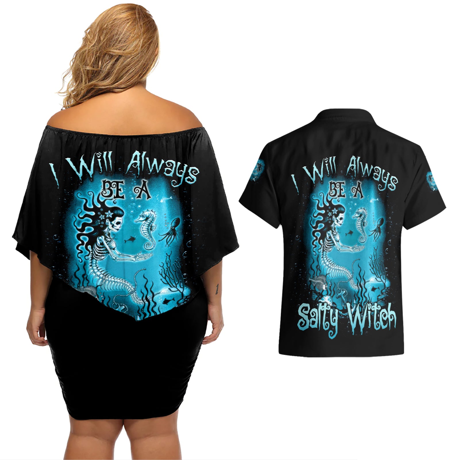 Salty Witch Mermaid Halloween Couples Matching Off Shoulder Short Dress and Hawaiian Shirt - Wonder Print Shop