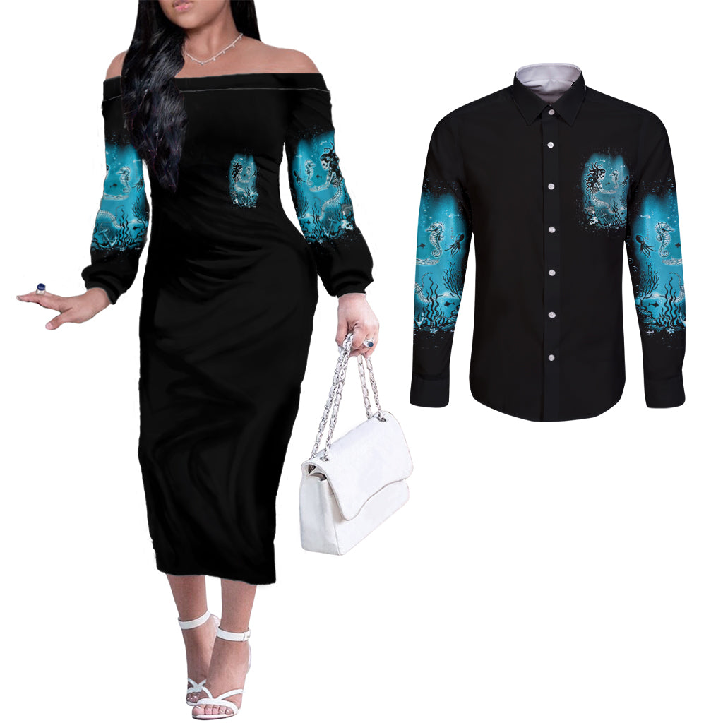 salty-witch-mermaid-halloween-couples-matching-off-the-shoulder-long-sleeve-dress-and-long-sleeve-button-shirt