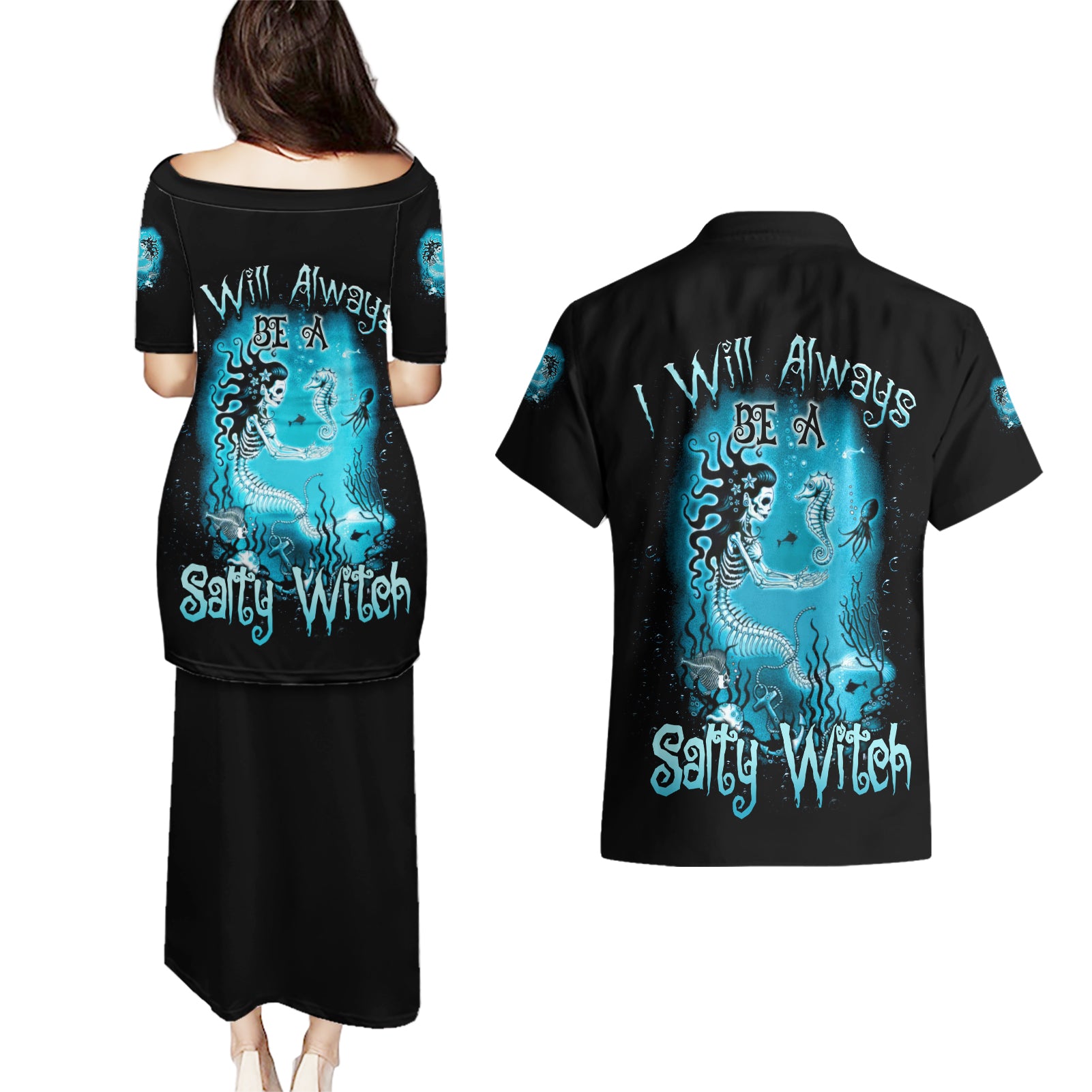 Salty Witch Mermaid Halloween Couples Matching Puletasi Dress and Hawaiian Shirt - Wonder Print Shop