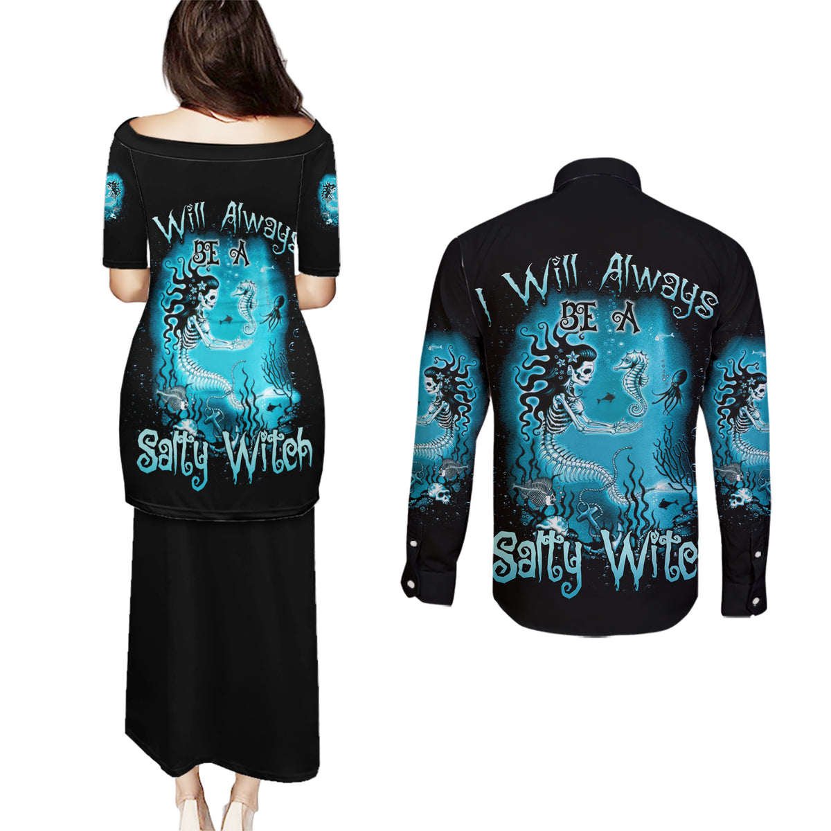 Salty Witch Mermaid Halloween Couples Matching Puletasi Dress and Long Sleeve Button Shirt - Wonder Print Shop