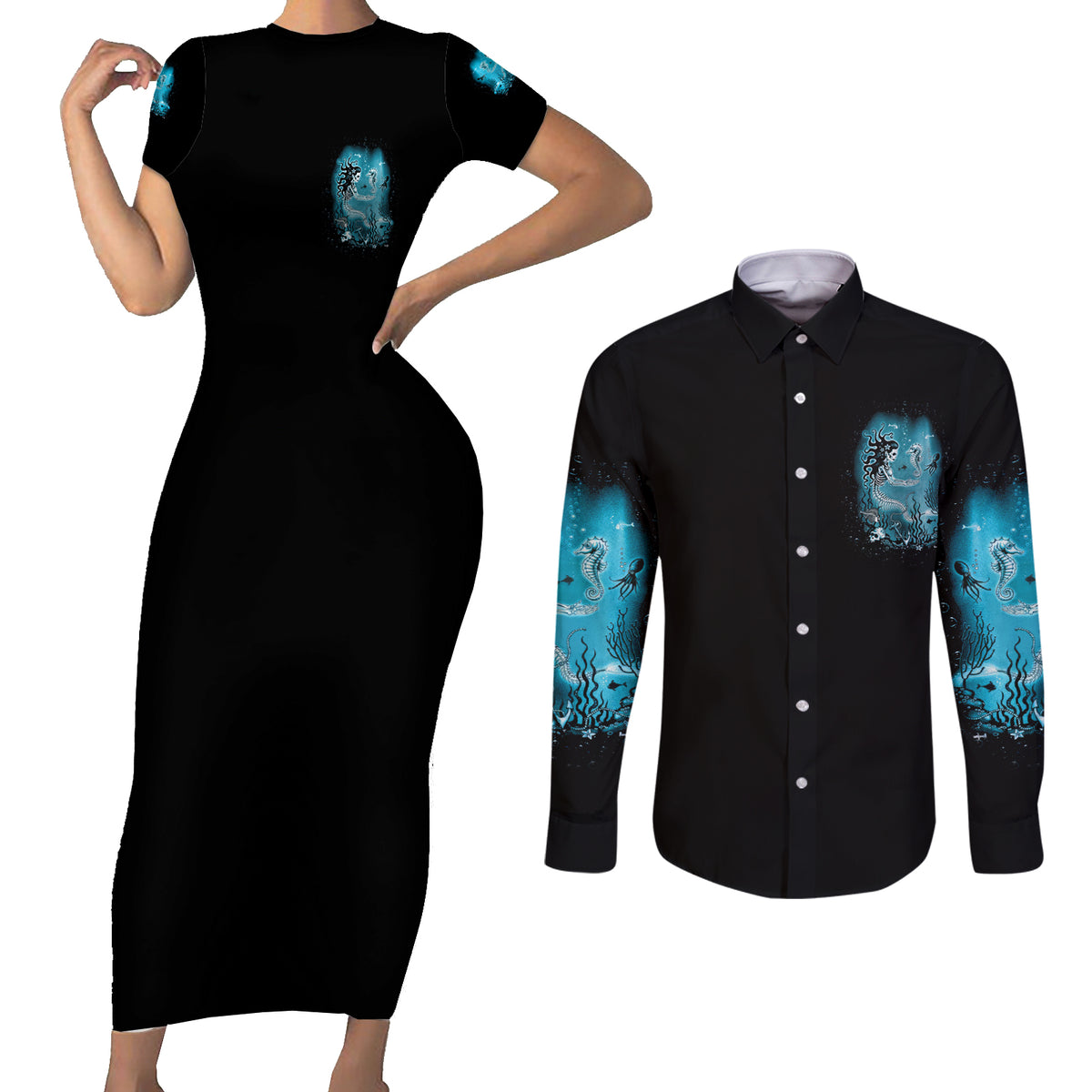 Salty Witch Mermaid Halloween Couples Matching Short Sleeve Bodycon Dress and Long Sleeve Button Shirt - Wonder Print Shop