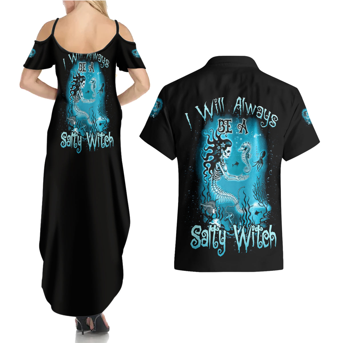 Salty Witch Mermaid Halloween Couples Matching Summer Maxi Dress and Hawaiian Shirt - Wonder Print Shop
