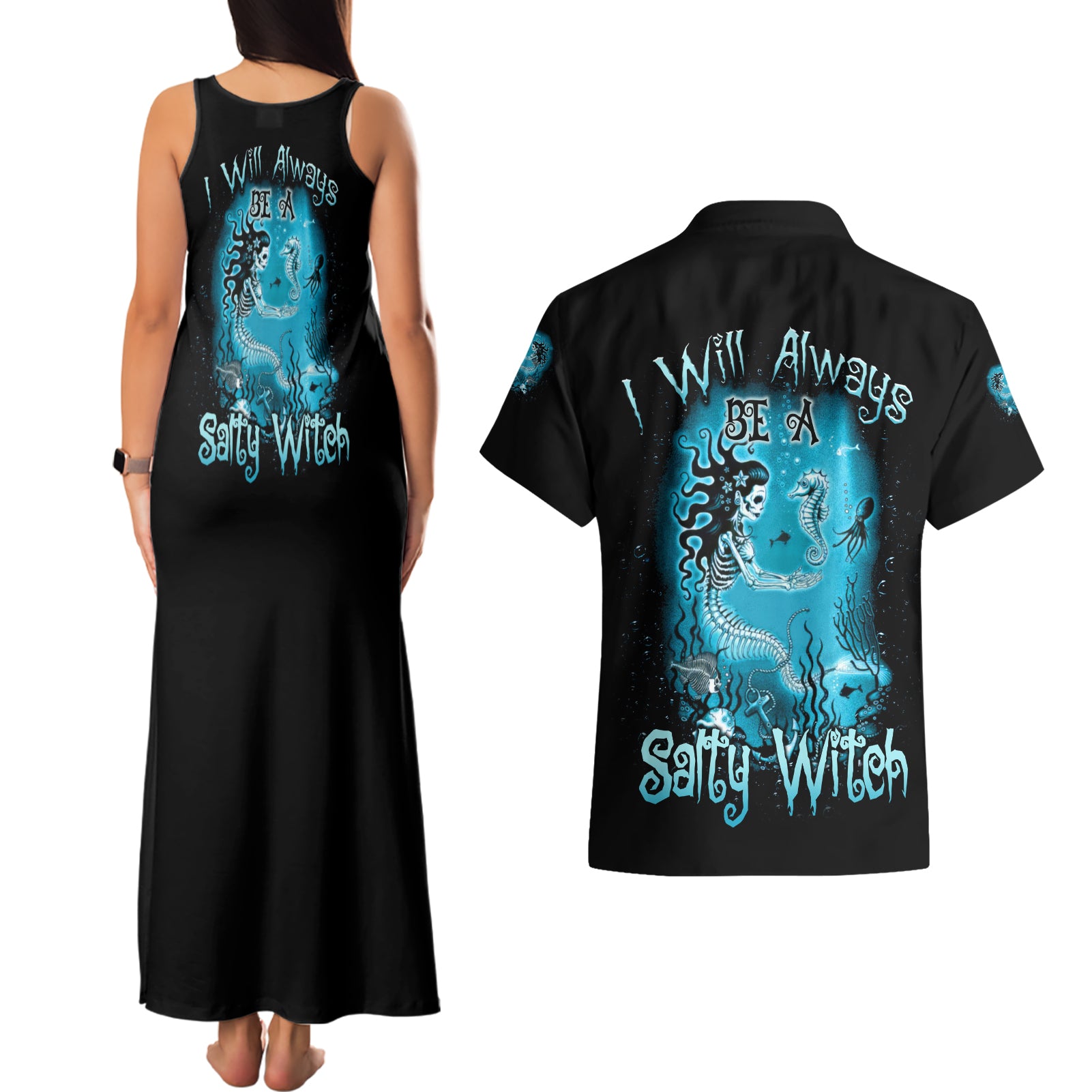 Salty Witch Mermaid Halloween Couples Matching Tank Maxi Dress and Hawaiian Shirt - Wonder Print Shop