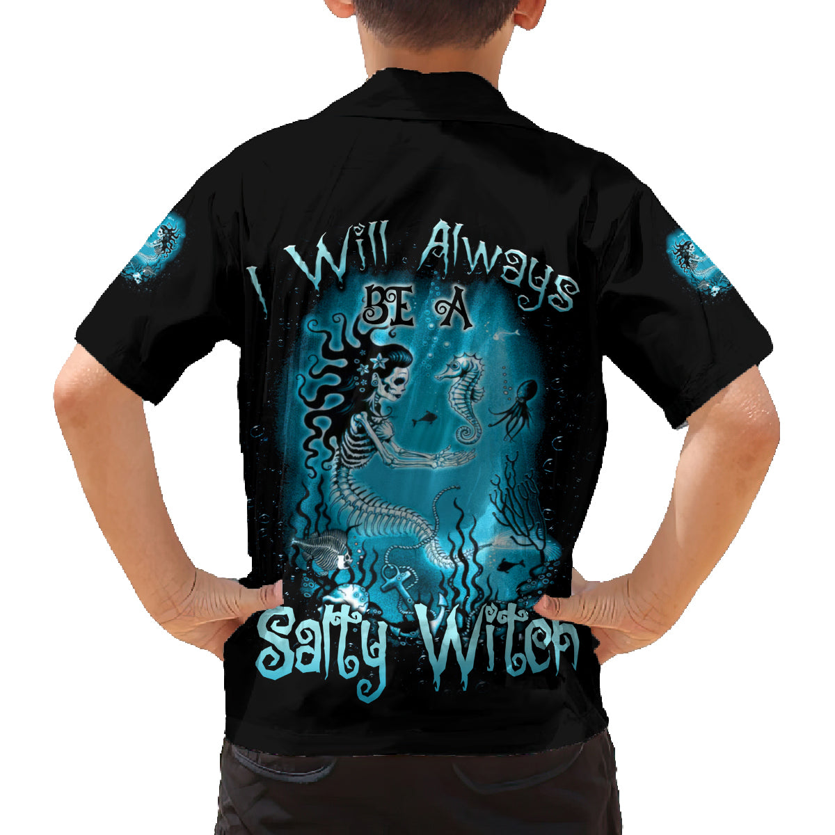 Salty Witch Mermaid Halloween Family Matching Off Shoulder Long Sleeve Dress and Hawaiian Shirt - Wonder Print Shop