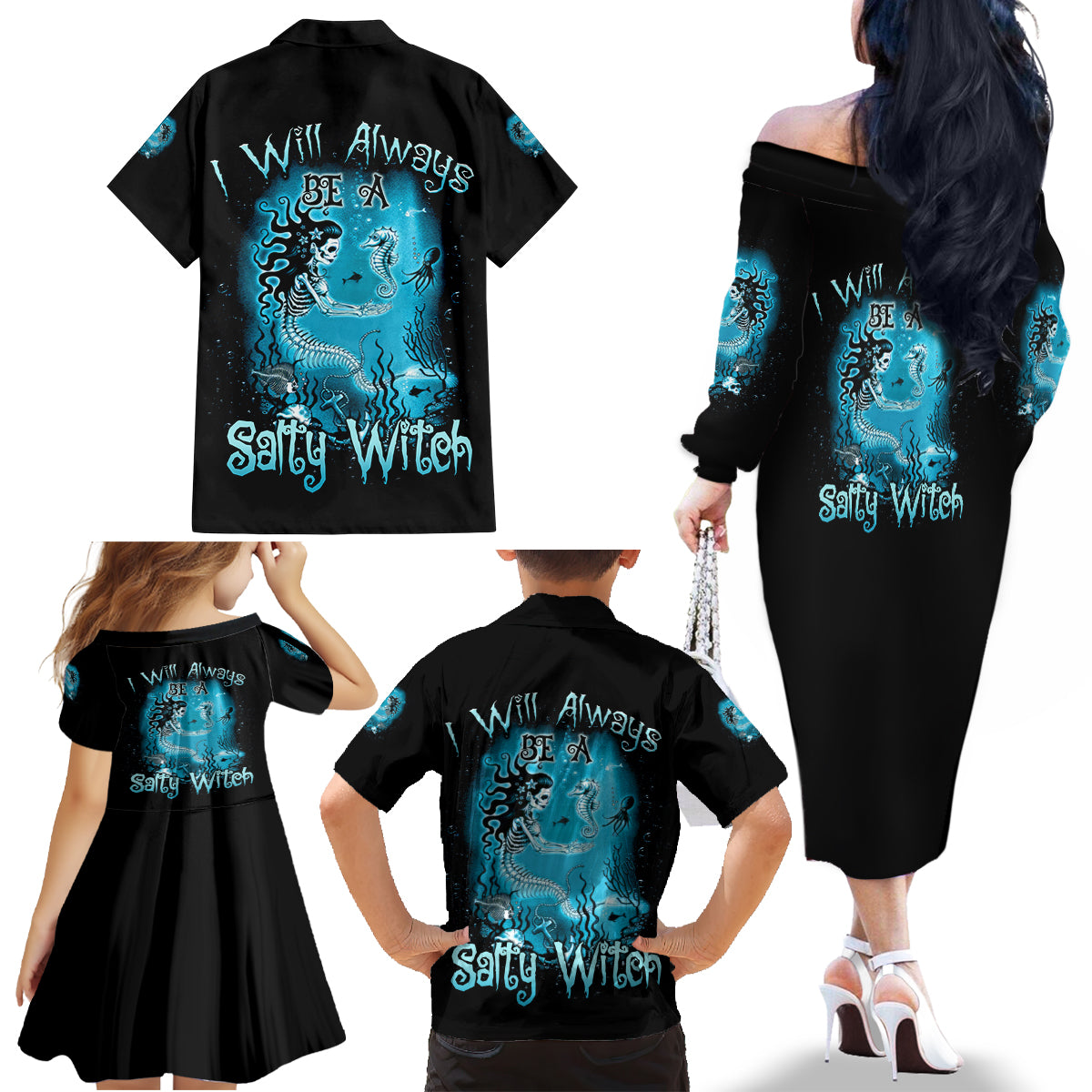 Salty Witch Mermaid Halloween Family Matching Off Shoulder Long Sleeve Dress and Hawaiian Shirt - Wonder Print Shop