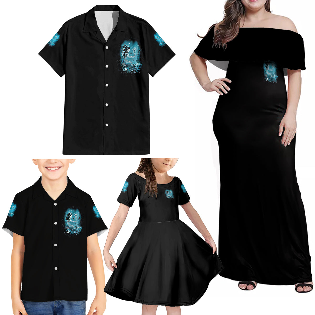 Salty Witch Mermaid Halloween Family Matching Off Shoulder Maxi Dress and Hawaiian Shirt - Wonder Print Shop