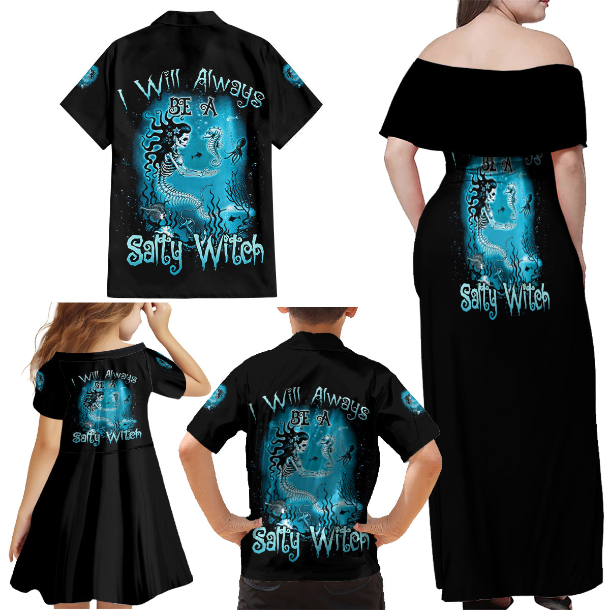 Salty Witch Mermaid Halloween Family Matching Off Shoulder Maxi Dress and Hawaiian Shirt - Wonder Print Shop