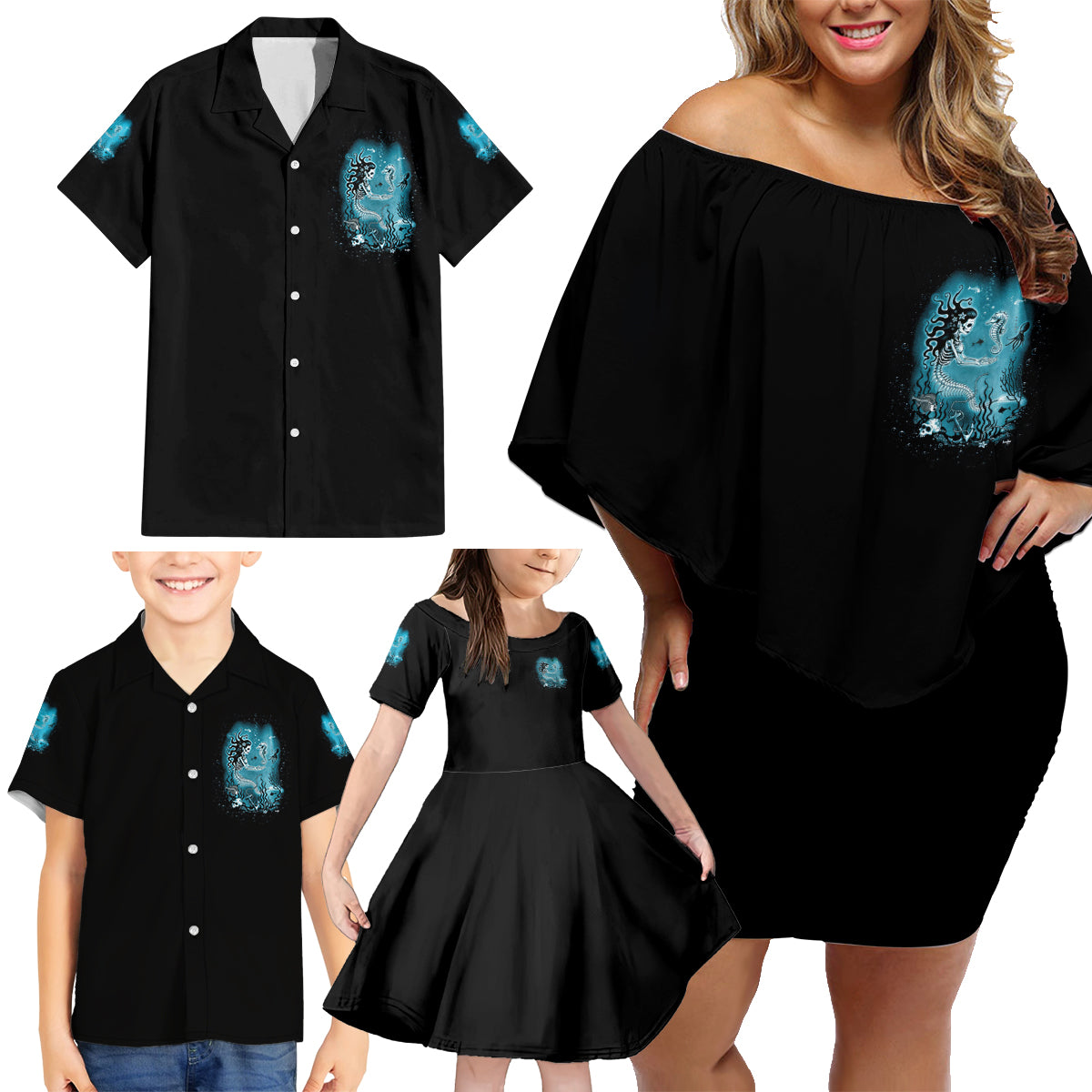 Salty Witch Mermaid Halloween Family Matching Off Shoulder Short Dress and Hawaiian Shirt - Wonder Print Shop