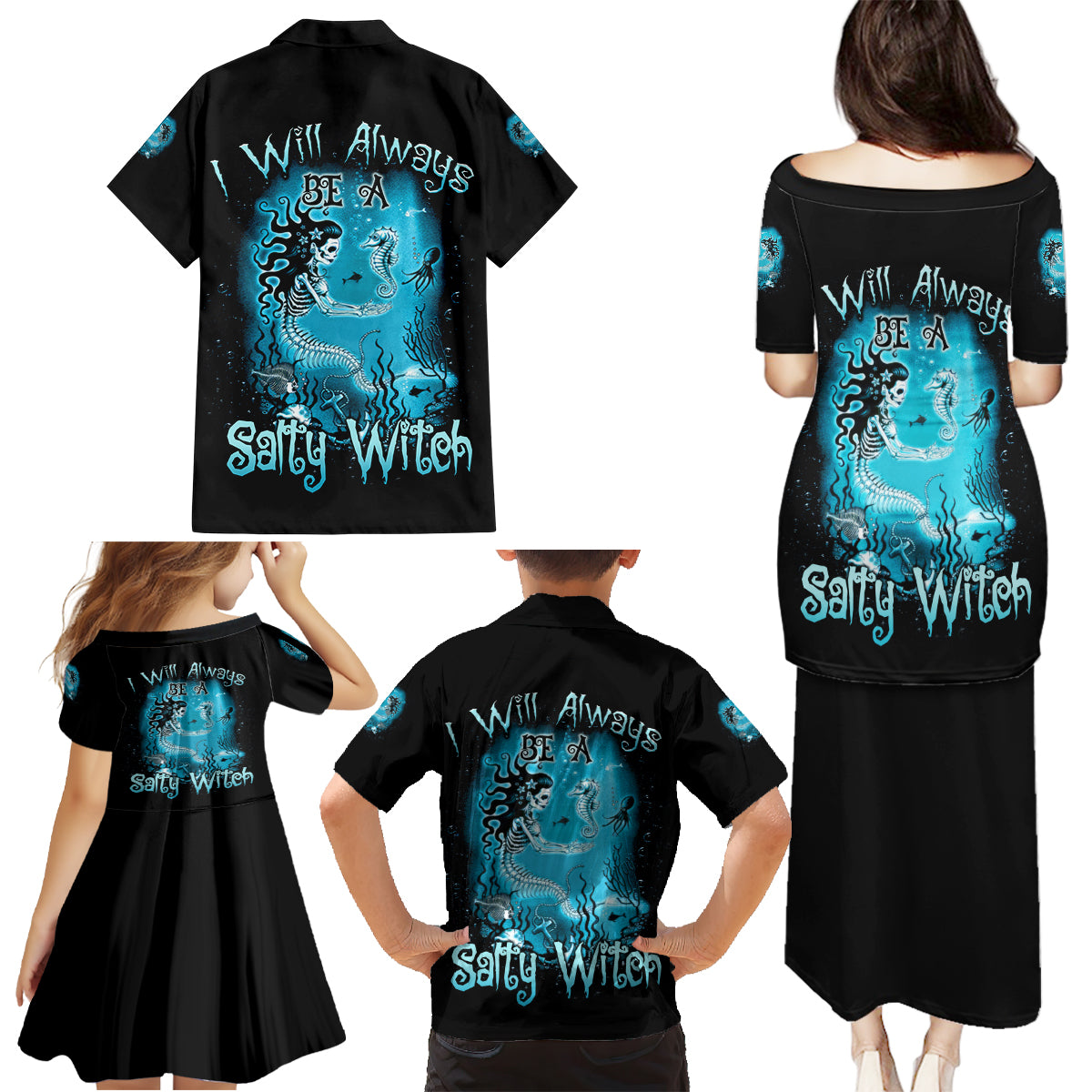 Salty Witch Mermaid Halloween Family Matching Puletasi Dress and Hawaiian Shirt - Wonder Print Shop