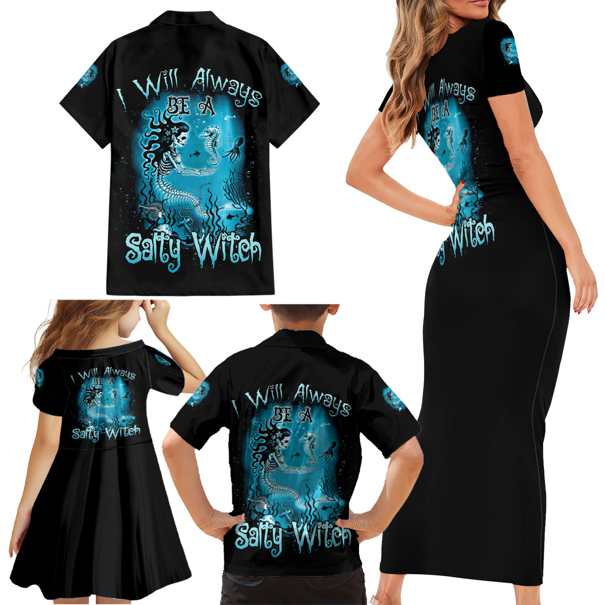 Salty Witch Mermaid Halloween Family Matching Short Sleeve Bodycon Dress and Hawaiian Shirt - Wonder Print Shop