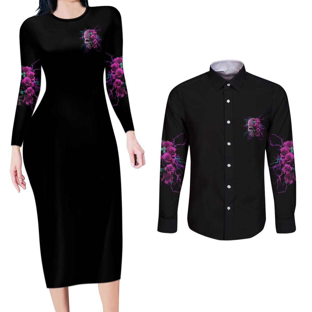 Underestimate Me Rose Skull Couples Matching Long Sleeve Bodycon Dress and Long Sleeve Button Shirt - Wonder Print Shop