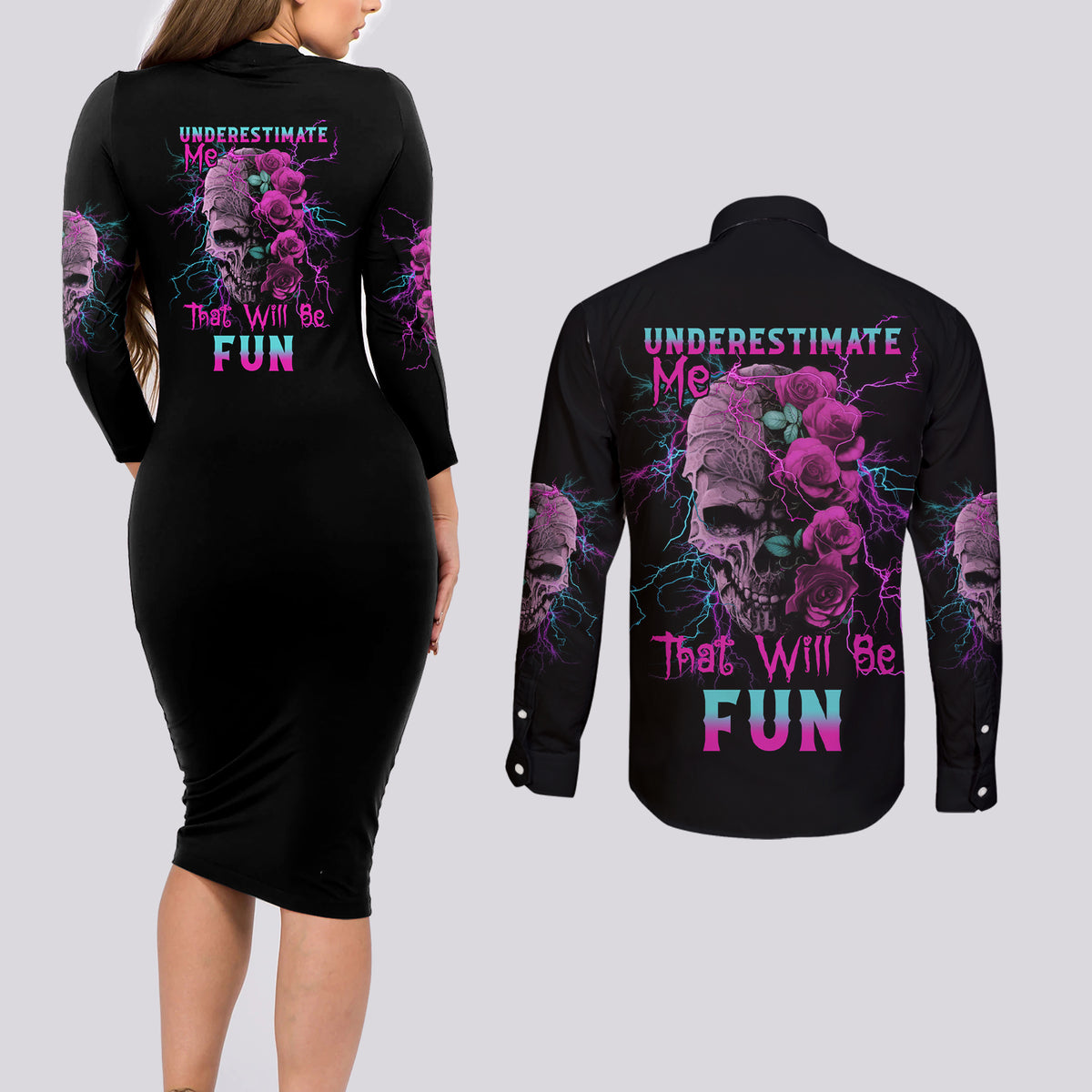 Underestimate Me Rose Skull Couples Matching Long Sleeve Bodycon Dress and Long Sleeve Button Shirt - Wonder Print Shop