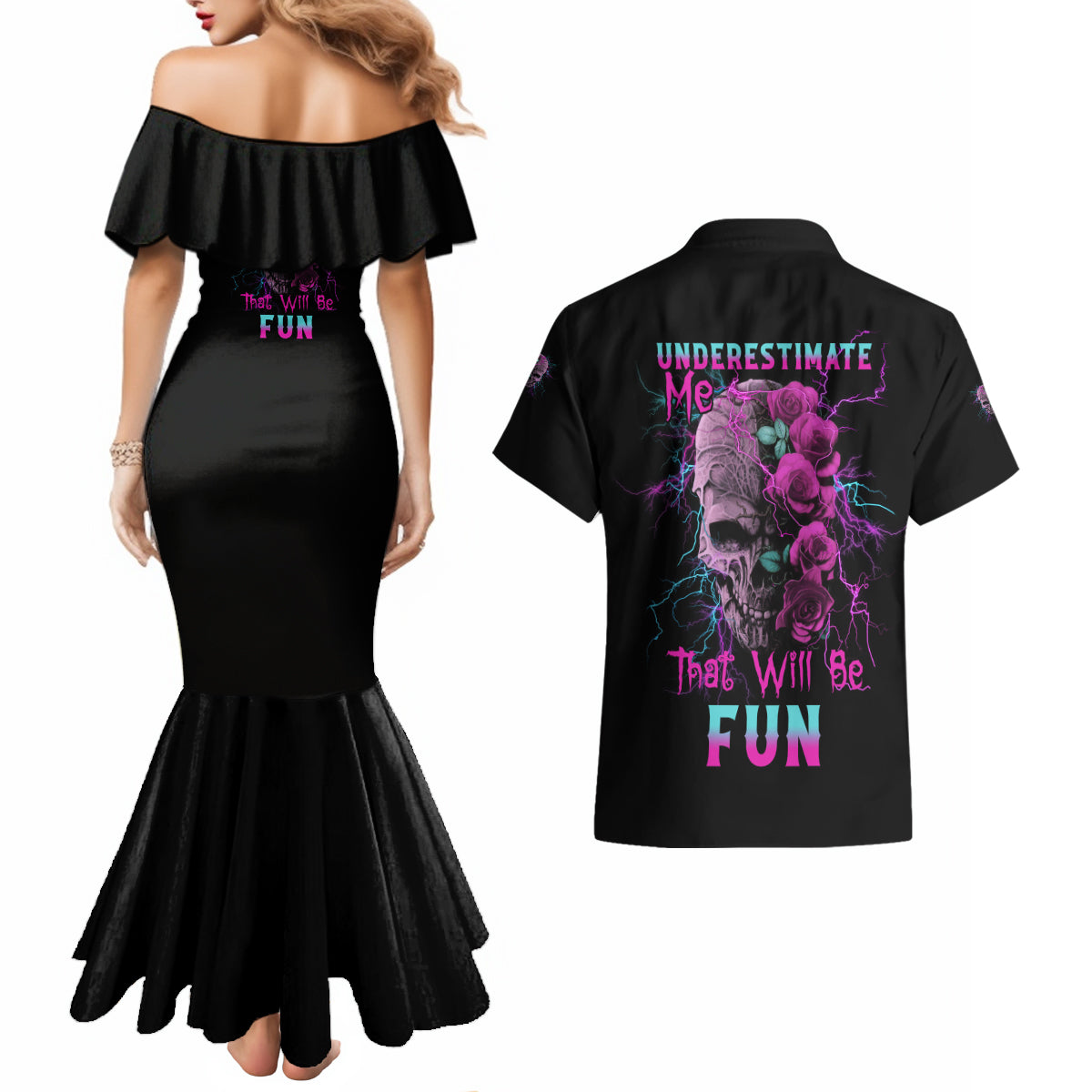 Underestimate Me Rose Skull Couples Matching Mermaid Dress and Hawaiian Shirt - Wonder Print Shop