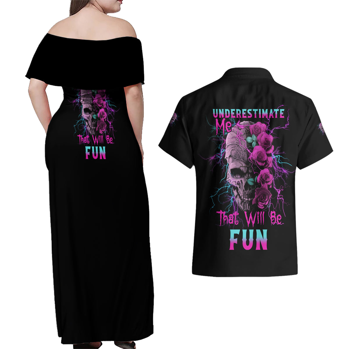Underestimate Me Rose Skull Couples Matching Off Shoulder Maxi Dress and Hawaiian Shirt - Wonder Print Shop