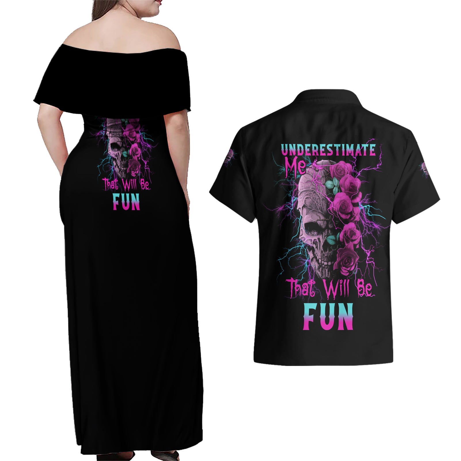 Underestimate Me Rose Skull Couples Matching Off Shoulder Maxi Dress and Hawaiian Shirt - Wonder Print Shop