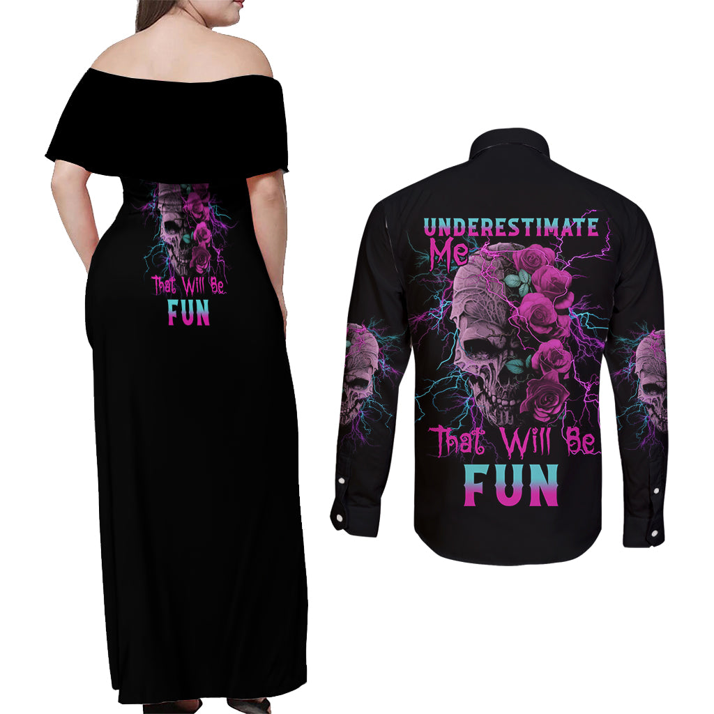 Underestimate Me Rose Skull Couples Matching Off Shoulder Maxi Dress and Long Sleeve Button Shirt - Wonder Print Shop