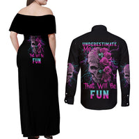 Underestimate Me Rose Skull Couples Matching Off Shoulder Maxi Dress and Long Sleeve Button Shirt - Wonder Print Shop