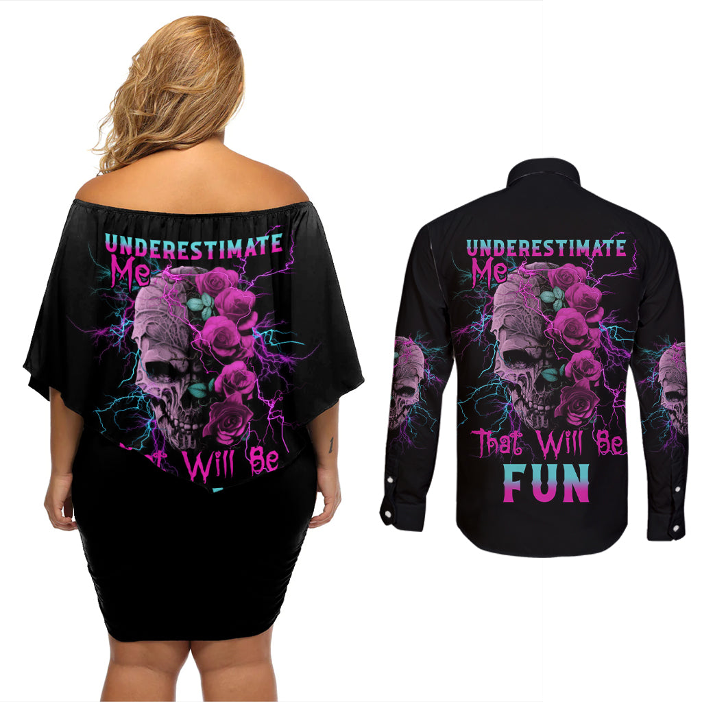 Underestimate Me Rose Skull Couples Matching Off Shoulder Short Dress and Long Sleeve Button Shirt - Wonder Print Shop