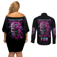 Underestimate Me Rose Skull Couples Matching Off Shoulder Short Dress and Long Sleeve Button Shirt - Wonder Print Shop