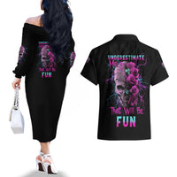 Underestimate Me Rose Skull Couples Matching Off The Shoulder Long Sleeve Dress and Hawaiian Shirt - Wonder Print Shop