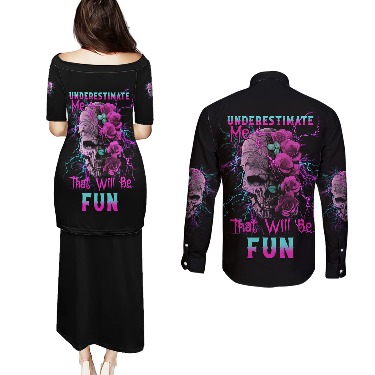 Underestimate Me Rose Skull Couples Matching Puletasi Dress and Long Sleeve Button Shirt - Wonder Print Shop