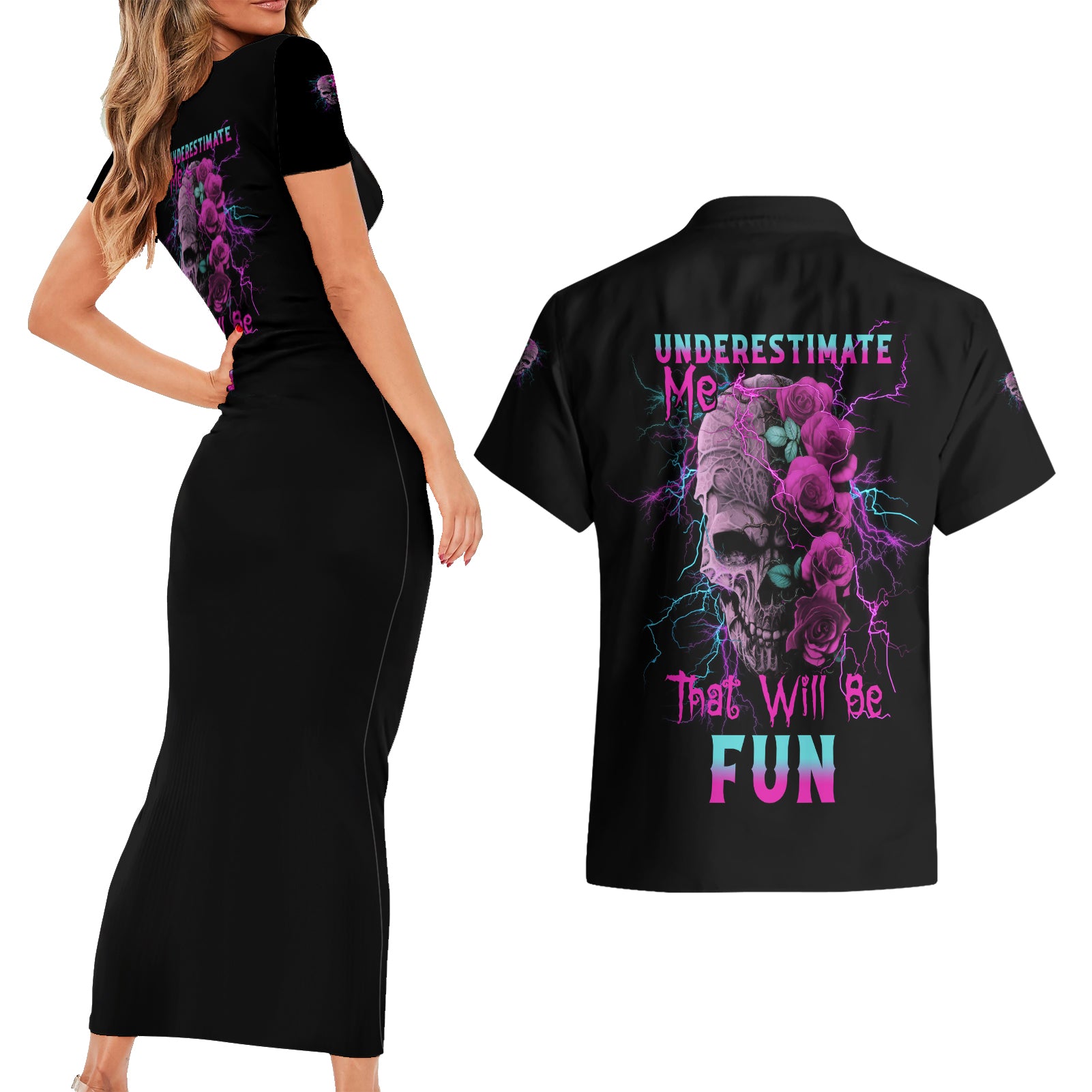 Underestimate Me Rose Skull Couples Matching Short Sleeve Bodycon Dress and Hawaiian Shirt - Wonder Print Shop