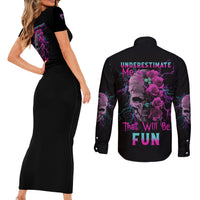 Underestimate Me Rose Skull Couples Matching Short Sleeve Bodycon Dress and Long Sleeve Button Shirt - Wonder Print Shop