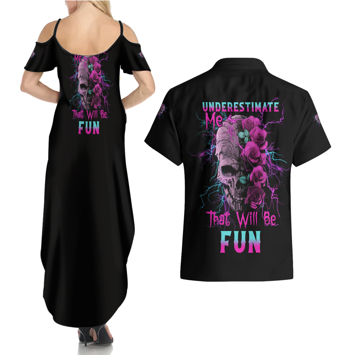 Underestimate Me Rose Skull Couples Matching Summer Maxi Dress and Hawaiian Shirt - Wonder Print Shop