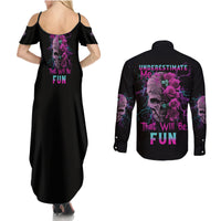 Underestimate Me Rose Skull Couples Matching Summer Maxi Dress and Long Sleeve Button Shirt - Wonder Print Shop
