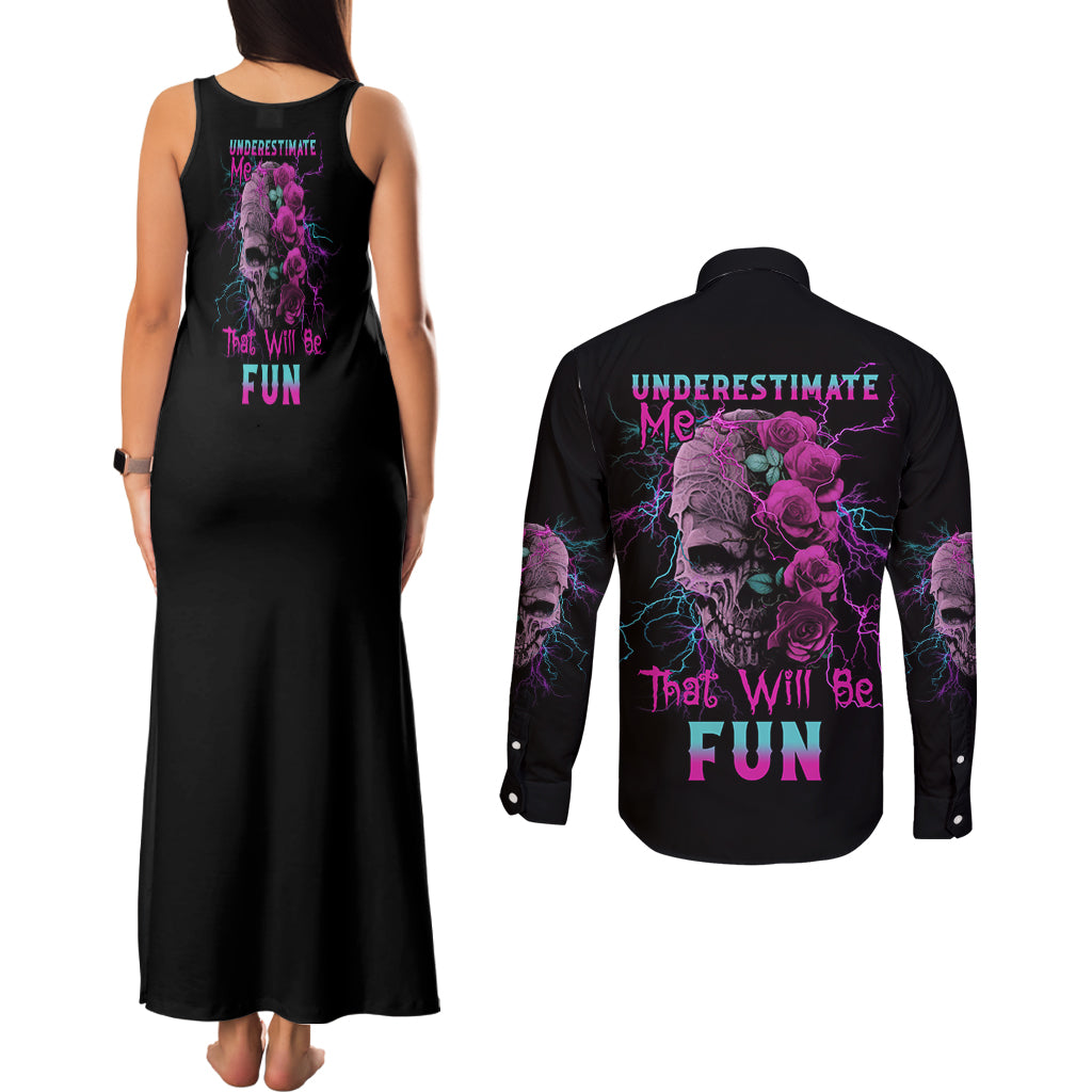 Underestimate Me Rose Skull Couples Matching Tank Maxi Dress and Long Sleeve Button Shirt - Wonder Print Shop
