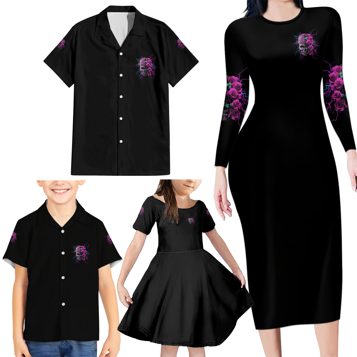 Underestimate Me Rose Skull Family Matching Long Sleeve Bodycon Dress and Hawaiian Shirt - Wonder Print Shop