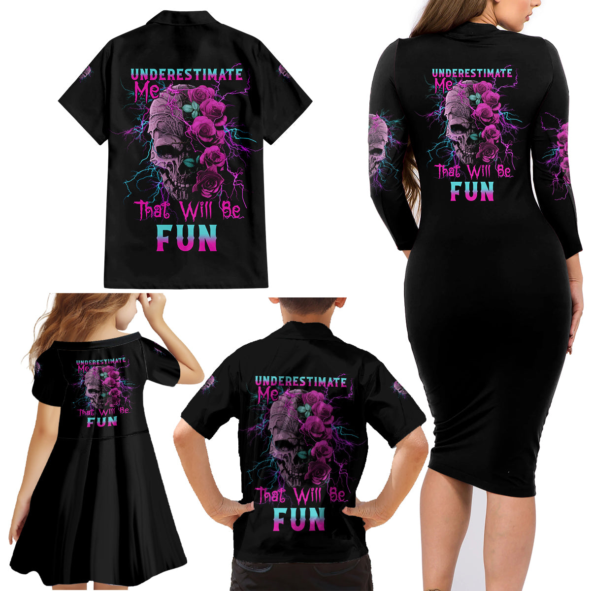 Underestimate Me Rose Skull Family Matching Long Sleeve Bodycon Dress and Hawaiian Shirt - Wonder Print Shop