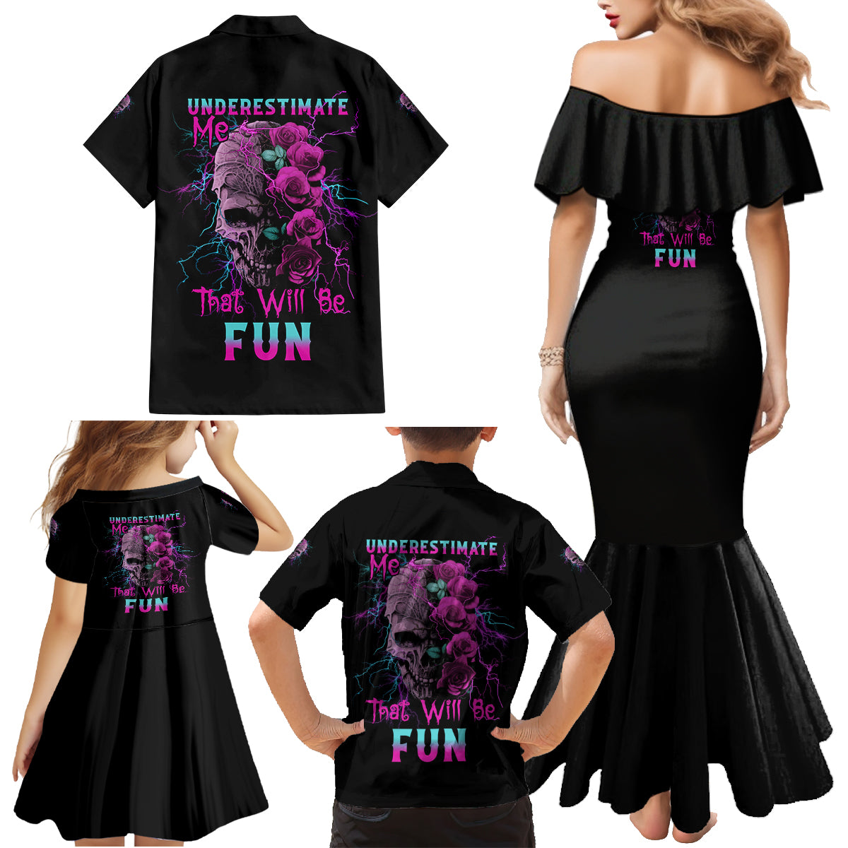 Underestimate Me Rose Skull Family Matching Mermaid Dress and Hawaiian Shirt - Wonder Print Shop